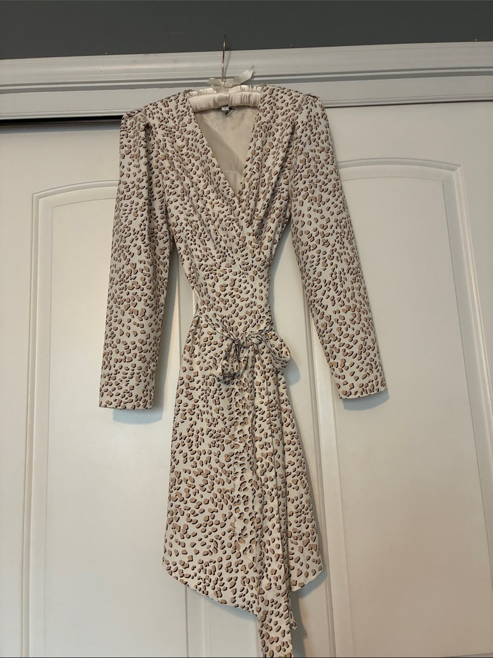 Retro Express Cream and Brown Leopard Print Long Sleeve Wrap Dress